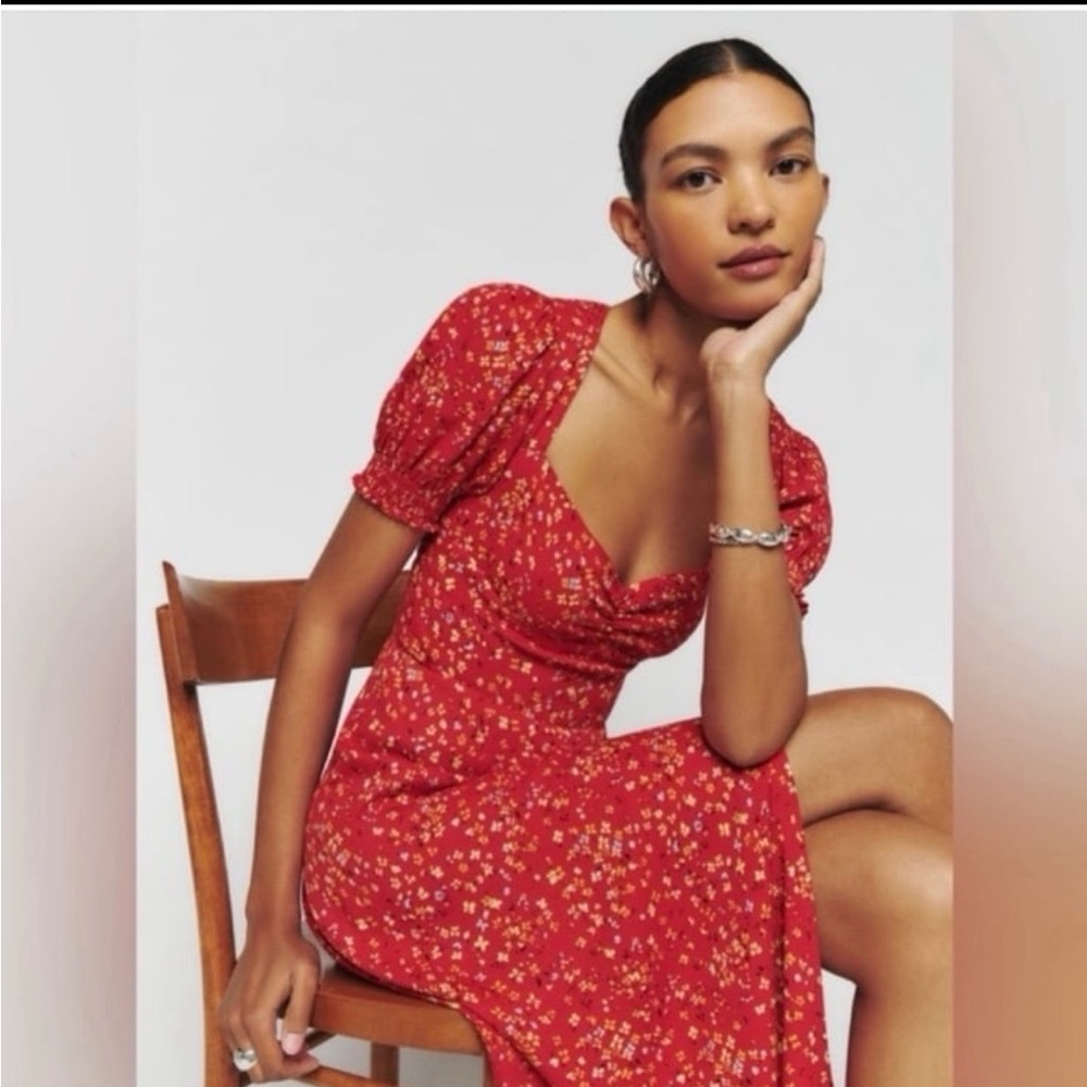Reformation Red Floral Puff-Sleeve Midi Dress